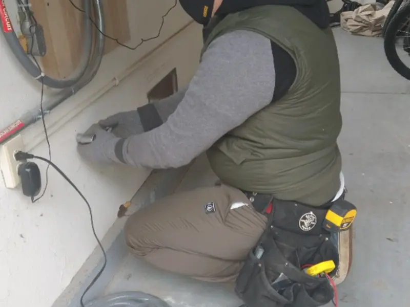 Electrician performing outlet wiring in a Kokomo garage